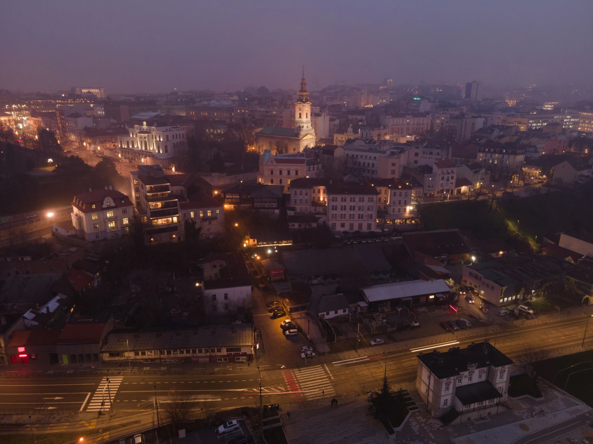 Foggy Belgrade city center at night