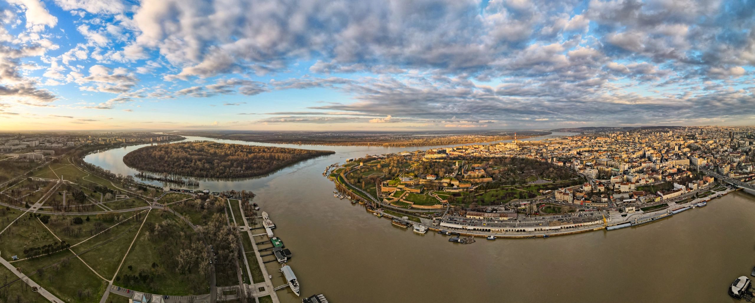 Aerial panorama of Belgrade, the Sava and Danube rivers