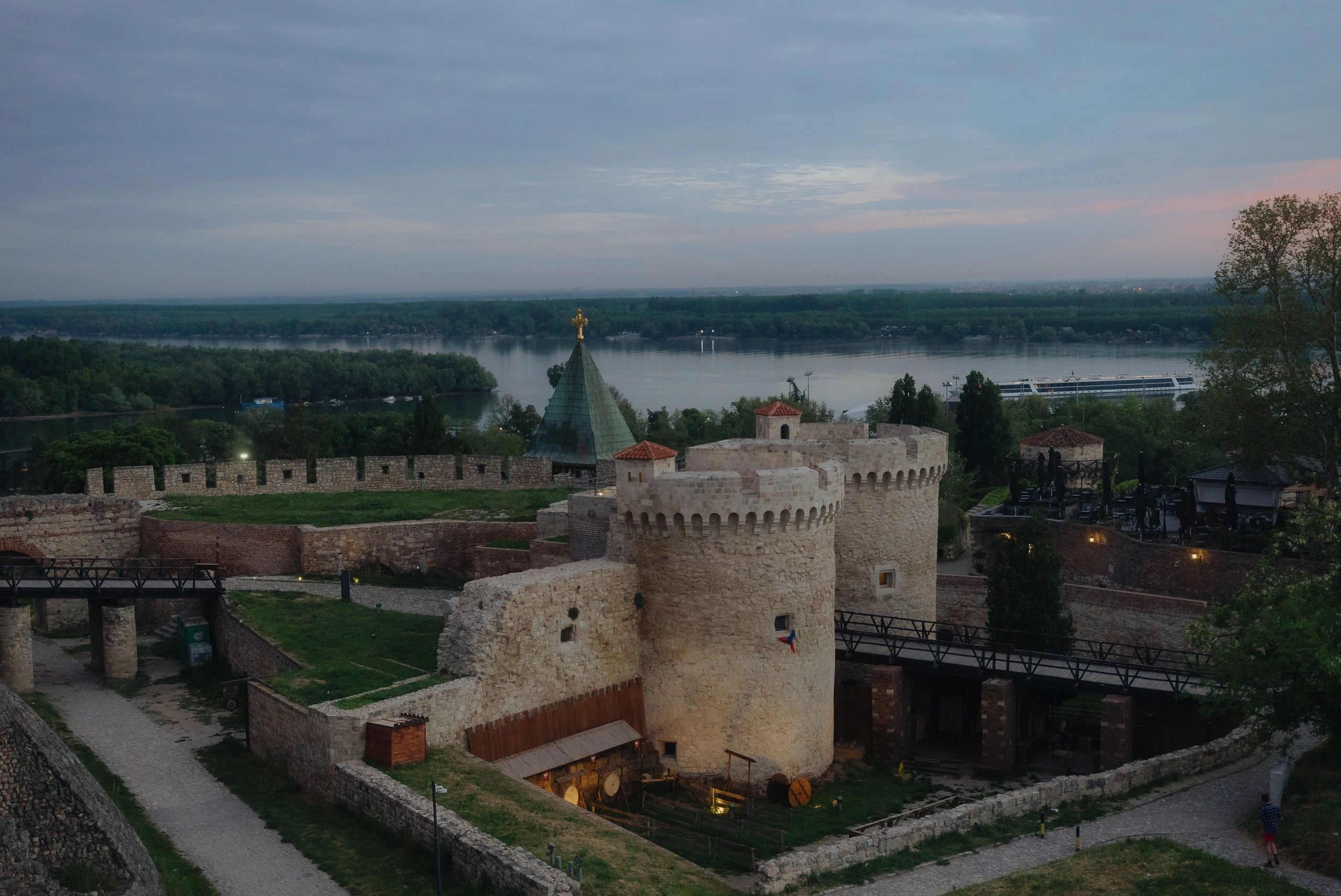 Belgrade Fortress and the Danube at dusk